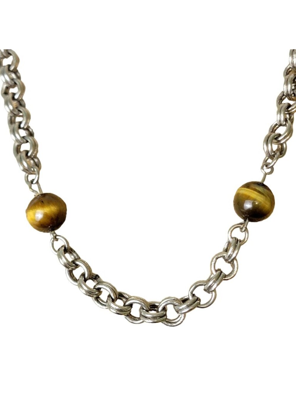 Vintage 80s Tigers Eye Bead Chain Necklace Women Silver Jewelry Crystal Gemstone